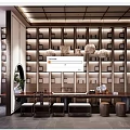 Traditional Chinese Tea Room Interior With Wall Bookshelves Hanging Chandeliers And Long Wooden Table