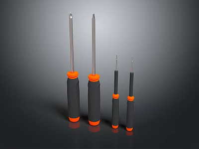 Set of Household Screwdrivers with Various Sizes Black Handles Orange Tops and Metal Tips 3d model