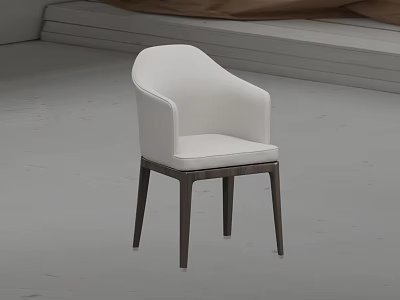White Fabric Upholstered Dining Chair With Modern Dark Wooden Legs And Armrest Design 3d model