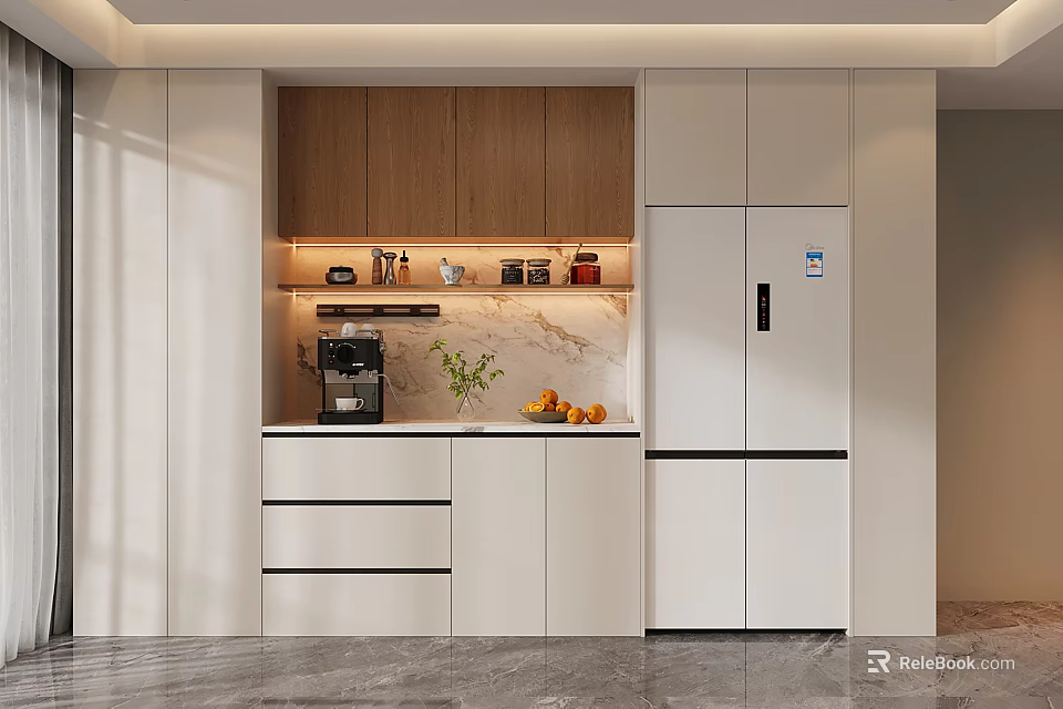 Modern Wine Cabinet With Wooden Doors And Soft Lighting In Kitchen Area 3d model 
