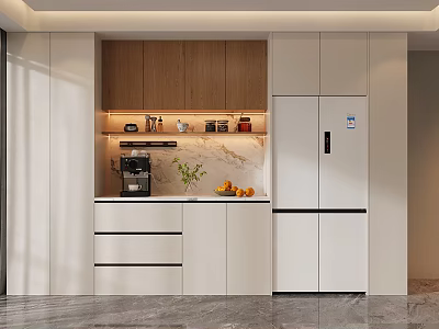 Modern Wine Cabinet With Wooden Doors And Soft Lighting In Kitchen Area 3d model