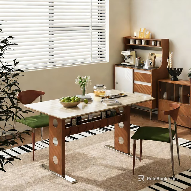 Modern Dining Table Set With Marble Top Wooden Legs Green Padded Chairs And Sideboard 3d model 