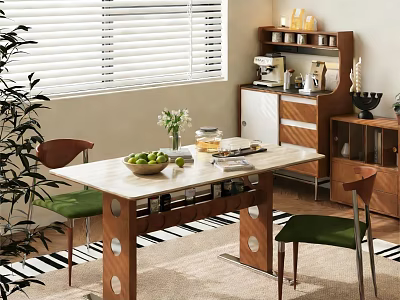 Modern Dining Table Set With Marble Top Wooden Legs Green Padded Chairs And Sideboard 3d model