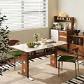 Modern Dining Table Set With Marble Top Wooden Legs Green Padded Chairs And Sideboard