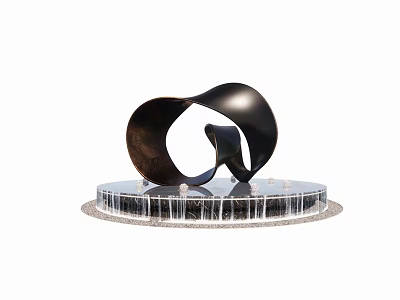 Curved Black Metallic Sculpture with Circular Fountain Base and Flowing Water 3d model