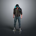 A Man Wearing Black Jacket With Blue Glowing Accents Jeans Sneakers And Futuristic Headgear