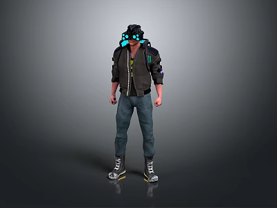 A Man Wearing Black Jacket With Blue Glowing Accents Jeans Sneakers And Futuristic Headgear 3d model