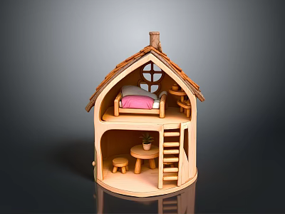Wooden Miniature Dollhouse With Upper Bed Pink Mattress Ladder And Lower Table Stool 3d model