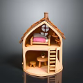 Wooden Miniature Dollhouse With Upper Bed Pink Mattress Ladder And Lower Table Stool