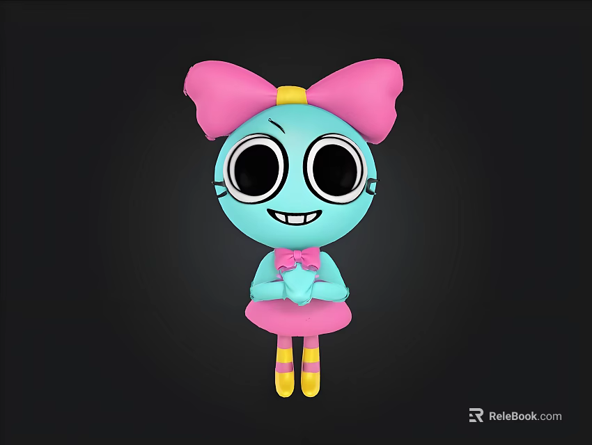 Cute Blue Cartoon Character With Big Black Eyes Pink Bow Pink Dress And Yellow Shoes 3d model 