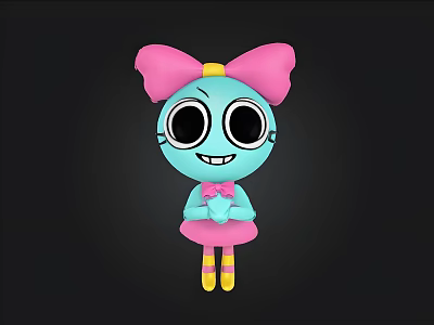 Cute Blue Cartoon Character With Big Black Eyes Pink Bow Pink Dress And Yellow Shoes 3d model