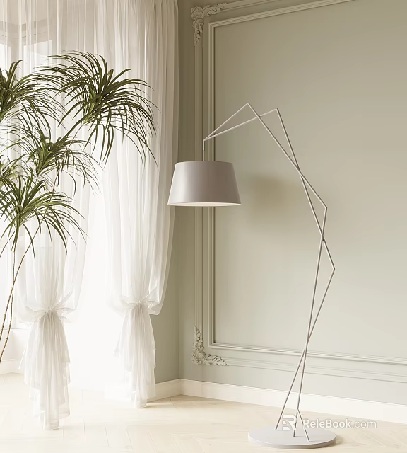 Modern Floor Lamp With Metal Stand White Shade In Interior Green Plant And Curtains 3d model 