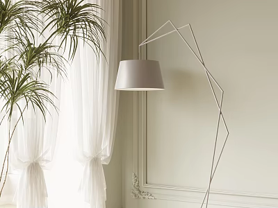Modern Floor Lamp With Metal Stand White Shade In Interior Green Plant And Curtains 3d model