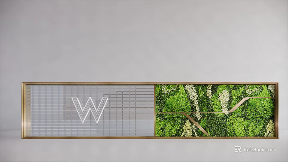 Modern Feature Wall With Gray Grid Pattern White Letter W And Lush Green Vertical Garden 3d model 