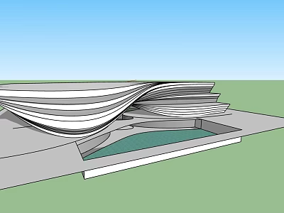 Modern Architectural Design With Streamlined Curved Roof And Central Pool Area 3d model