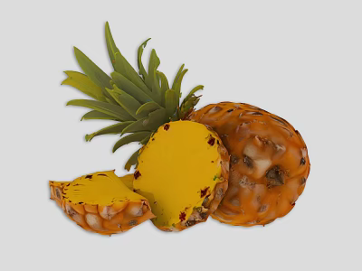 Fresh Whole Pineapple With Sliced Pieces Yellow Flesh And Green Leaves 3d model