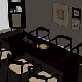 Dark Wooden Dining Table Set With Light Seat Chairs Fruit Bowl And Decorative Paintings