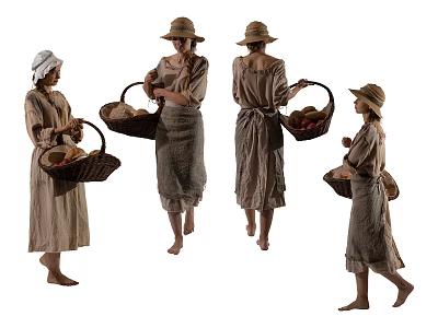 Women Wearing Hats And Long Dresses Holding Baskets In Different Poses 3d model
