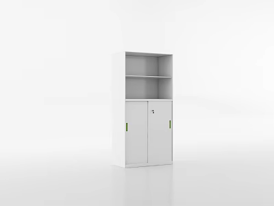 Simple White Storage Cabinet With Cabinet Doors Green Handles And Open Shelves 3d model