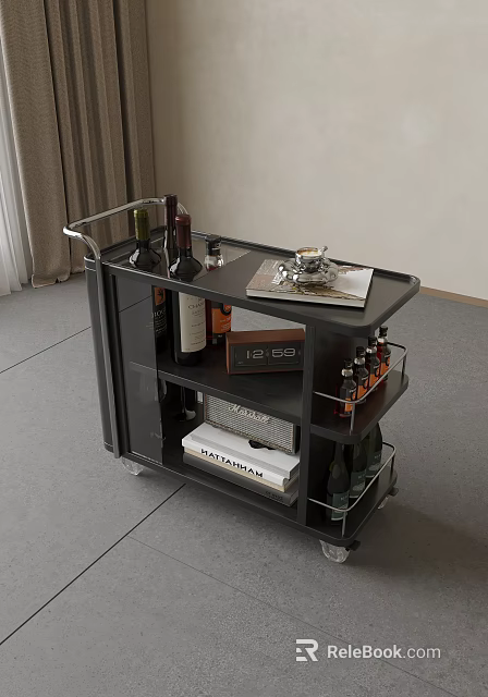 Modern Black Wheeled Sideboard with Wine Bottles Tray Small Bottles and Shelves 3d model 