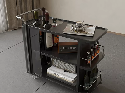 Modern Black Wheeled Sideboard with Wine Bottles Tray Small Bottles and Shelves 3d model