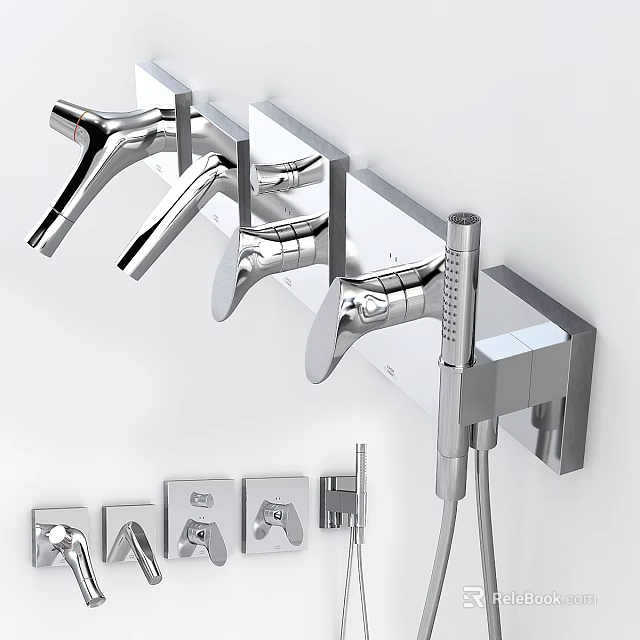 Modern Chrome Bathroom Faucets And Shower Fixtures With Wall Mounted Handles And Sprayer 3d model 