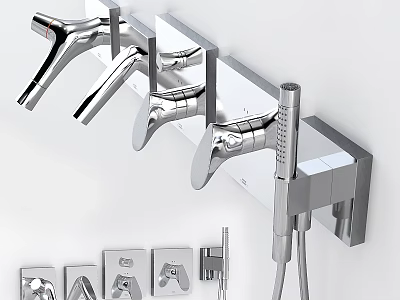 Modern Chrome Bathroom Faucets And Shower Fixtures With Wall Mounted Handles And Sprayer 3d model