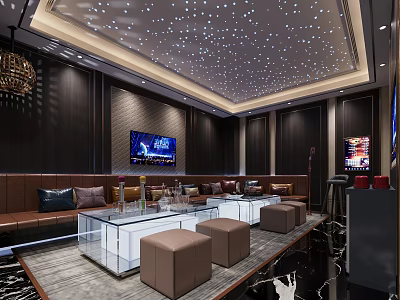 Modern KTV Interior Design With Starry Ceiling Comfortable Sofas Glass Coffee Tables And TV Screen 3d model