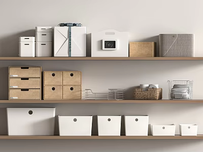 Organized Storage Solutions With Colored Boxes Baskets Neatly On Wooden Shelves 3d model