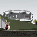 Modern Circular Building With Green Roof Surrounded by Trees Cars and Pedestrians