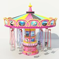 Colorful Pink Carousel Swing Ride With Hanging Seats And Scenic Paintings