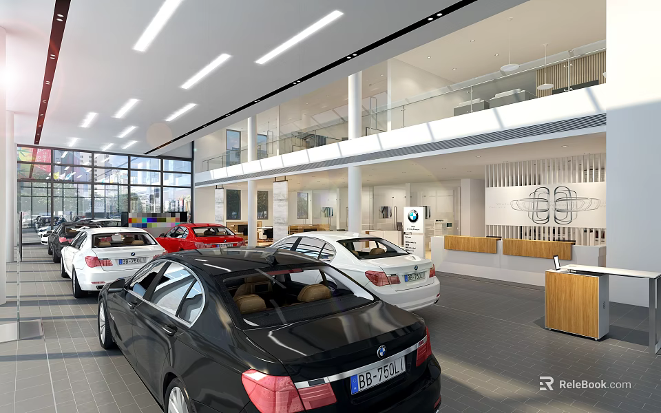 BMW Car Dealership Showroom Displaying Multiple Cars Modern Lighting and Glass Walls 3d model 