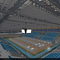 Indoor Sports Fitness Stadium With Blue Seats Large Screens And Training Field