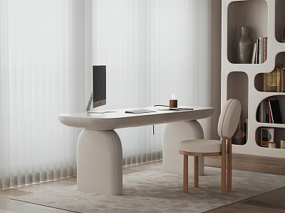 Modern White Desk With Computer Monitor Notebook Candle Wooden Chair Bookshelf Light Curtains Rug 3d model