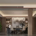 Modern Elegant Office Interior With Large Windows City View Sofa Green Plants And Wooden Bookshelves