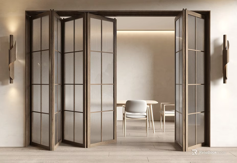 Stylish Folding Doors With Wooden Frame And Glass Panels In Modern Interior Space 3d model 