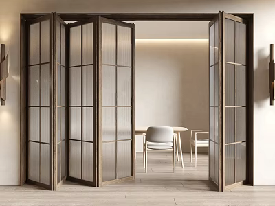 Stylish Folding Doors With Wooden Frame And Glass Panels In Modern Interior Space 3d model
