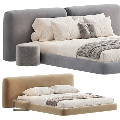 Double Bed With Gray Upholstered Headboard White Bed Linens Gray Throw Pillows And Striped Blanket 3d model