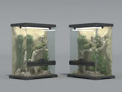 Natural Reptile Habitat Setup in Two Glass Terrariums with Branches Plants and Sand Substrate 3d model