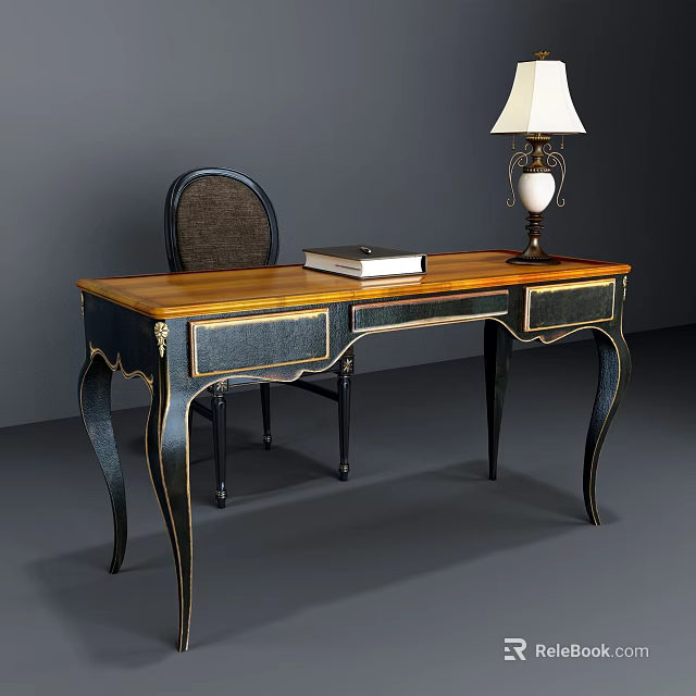 Vintage Style Desk With Wooden Top Dark Frame Gold Accents Table Lamp And Book 3d model 