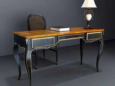 Vintage Style Desk With Wooden Top Dark Frame Gold Accents Table Lamp And Book 3d model