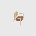 Natural Wooden Frame Single Chair With Wicker Backrest Armrests And Brown Leather Cushion