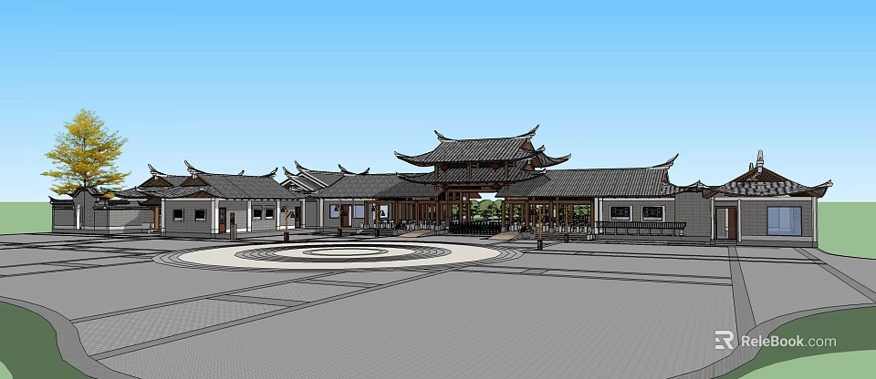 Ancient Traditional Chinese Architecture Complex With Circular Plaza And Eaves Design 3d model