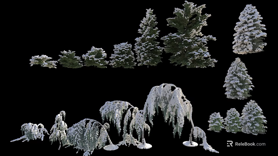Snow Covered Trees in Various Sizes and Different Natural Forms for Landscape Design 3d model