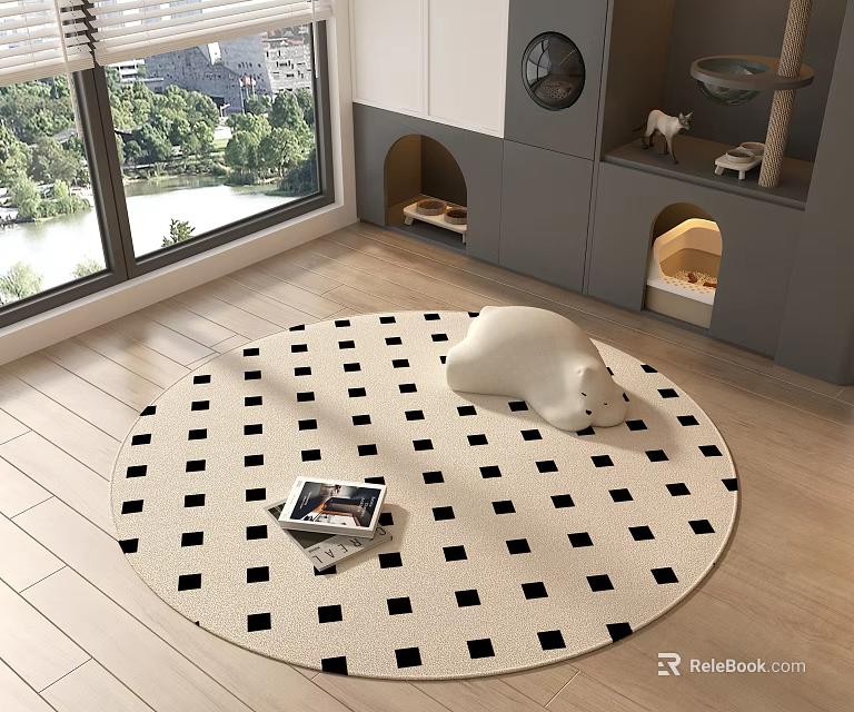 Round Area Rug With Black Square Pattern White Bear Toy And Magazine On Wooden Floor 3d model 