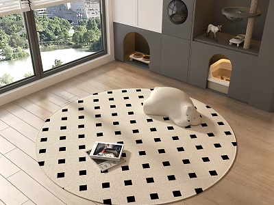 Round Area Rug With Black Square Pattern White Bear Toy And Magazine On Wooden Floor 3d model