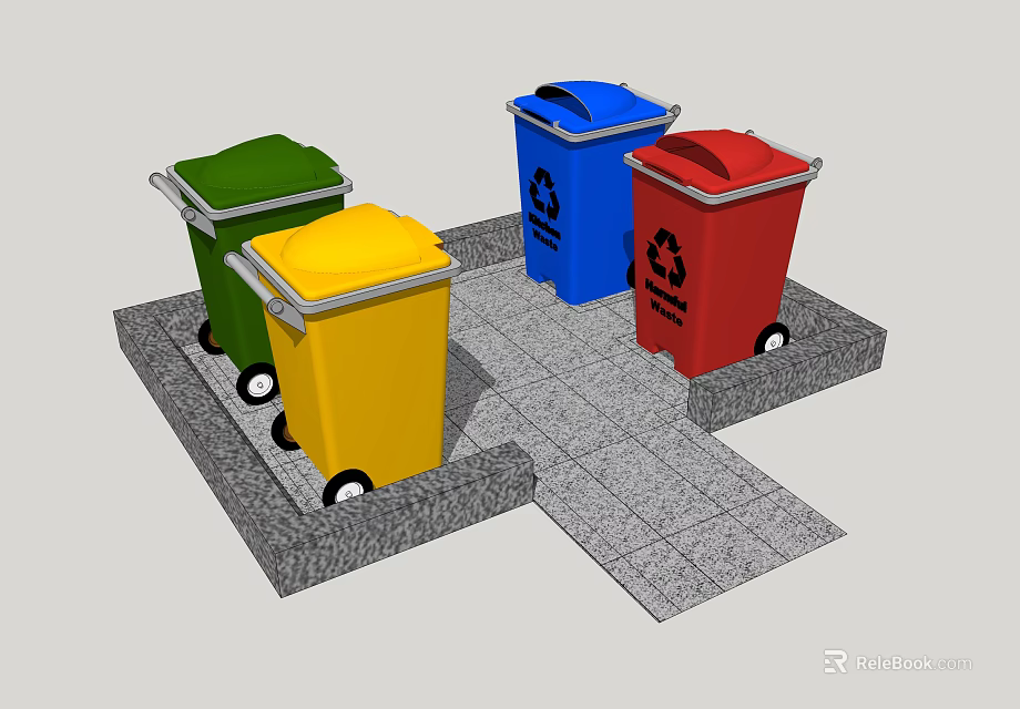 Colorful Public Trash Bins With Recycling Symbols In Public Area 3d model 
