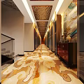 Elegant Long Hotel Corridor Design With Decorative Ceiling Patterned Carpet And Warm Lighting 3d model