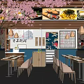 Modern Asian Restaurant Interior With Cherry Blossom Tree Wall Murals And Wooden Tables Chairs