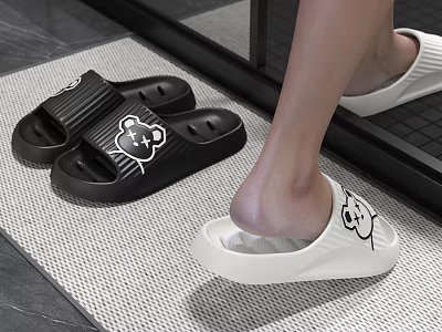 Feet Wearing Black and White Slippers with Cartoon Bear Design on Mat 3d model